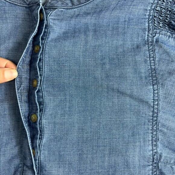 Caslon Blouse Top Womens Large Blue Balloon Sleeve Chambray Half Button Cottage - Picture 5 of 8